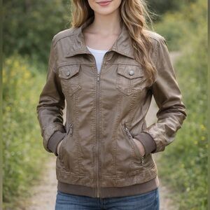 Made by Johnny Brown Distressed Faux Leather Bomber Jacket